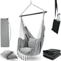 Produktbild: deluxe4home® Hängesessel mit 2 Kissen Hellgrau + Kuscheldecke I inkl. Getränkehalter und Bücherfach I Hängeschaukel bis 120 kg I Indoor Outdoor