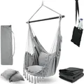 Produktbild: deluxe4home® Hängesessel mit 2 Kissen Hellgrau + Kuscheldecke I Inkl. Getränkehalter und Bücherfach I Hängeschaukel belastbar bis 120 kg I Indoor & Outdoor Hängestuhl Deckenschaukel