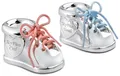Produktbild: Sparbüchse Schuh 2-teilig versilbert Kinder Spardose blau-rosa Schleife Moneybox