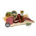 Produktbild: Schwarzwald Metzgerei Geschenkkorb – im Leinentäschle – 8-teiliger Präsentkorb mit leckeren & herzhaften Wurstspezialitäten wie Schinken, Landjäger, Kirschwassersalami, Schinkenwurst