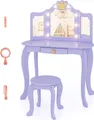 Produktbild: COSTWAY Kinder Schminktisch mit Hocker, Frisiertisch mit Beleuchtung, Spiegel, Kosmetiktisch aus Holz, Kinderschminktisch Set für Kinder ab 3+, Lila