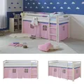 Produktbild: Hochbett 90x200 Kinderbett Weiß Mädchen Stockbett mit Vorhang Rosa Homestyle4u