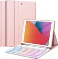 Produktbild: Fintie Tastatur Hülle für iPad 9 8 7 Generation (2021/2020/2019) 10.2 Zoll, 7-farbig beleuchtete abnehmbare Tastatur mit Schutzhülle, QWERTZ Layout, Roségold