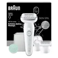 Produktbild: Braun Silk·épil 9 SkinSpa Epilierer Damen, All-in-One Set, Schwenkkopf für Nass & Trocken Haarentfernung, Wasserdicht — Inkl. Peelingbürste, Massagepad, Rasieraufsatz, Trimmeraufsatz — 9-080, Silber
