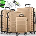 Produktbild: tillvex® Reisekoffer Set 4-TLG. + Gepäckwaage, 8X Koffergurte & 4X Kofferanhänger | Kofferset 4 Rollen | Trolley Gepäck Koffer TSA Schloss | Rollkoffer Hartschalenkofferset S-M-L-XL (Champagner)