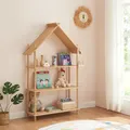 Produktbild: [en.casa] Kinderregal Hamarøy Standregal aus Bambus Kinderzimmerregal in Hausform Spielzeugregal mit 3 Ebenen Bücherregal Spielzeug-Organizer 137x90x30cm Natur