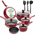 Produktbild: NutriChef Pfannenset & Topfset 13-teilig – Antihaft Kochtopf Set mit durchsichtigen Deckeln – Set für Gas-, Elektro- & Keramikherd - Rot