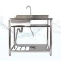 Produktbild: Lemodo freistehender Edelstahl Spültisch mit Wasserhahn, Kalt-Warm-Anschluss & Ablagefläche, mobiles Waschbecken mit Spritzschutz und Überlauf, Spüle für Outdoorküche, Garten, Werkstatt & Gastro