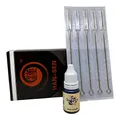 Produktbild: 1 x REACH-konforme deutsche Tattoofarbe Schwarz 10 ml von Sailor Jerry und 5 Stück Tattoonadeln 3er Rund Liner (round liner) von HAN-SEN, Starter Kit für Stick and Poke, deutsche Tattootinte