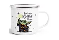 Produktbild: MoonWorks Tasse Emaille-Tasse Baby-Yoda Spruch lustig Stark der Kaffee sein muss, Metall, emailliert und mit Aufdruck