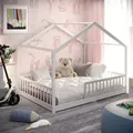 Produktbild: CADANI Malte Hausbett 140x200 cm Bodenbett, Rausfallschutz abnehmbar, bis 200 kg belastbar, Montessori Kinderbett weiß, Kiefer Massivholz - Weiß