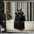 Produktbild: ABAKUHAUS Katze Duschvorhang, Realistisches lustiges mysteriöses Kätzchen in menschlichem Mantel Schattierungen, Stoffliches Gewebe mit Haken, 175 x 200 cm, Grau Anthrazitgrau