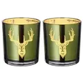 Produktbild: EDZARD 2er-Set Teelichtglas Ted (Höhe 8 cm, ø 7 cm), außen grün / innen gold, Windlicht im Hirsch-Design