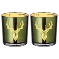 Produktbild: EDZARD 2er Set Teelichtglas Ted, Höhe 8 cm, außen grün, innen Gold, Hirsch-Design