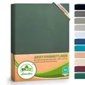Produktbild: leevitex® Luxus Elasthan Jersey Spannbettlaken | 180x200 – 200x220 cm | Multistretch | 250 g/m² | 92% Mako-Baumwolle 8% Elasthan | 40cm Steghöhe | außergewöhnlich hochwertige Ausführung | Dunkelgrün