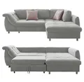 Produktbild: Ecksofa mit ausziehbarer Schlaffunktion B250/T190/H84 cm, Wellenunterfederung u. Komfortschaum, Longchair Ottomane rechts mit Bezug Mikrofaser in Grau, 2 Zierkissen Rosé / 17003