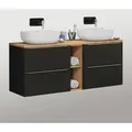 Produktbild: Lomadox - Badezimmer Waschplatz In Seidenmatt Anthrazit & Wotaneiche Toskana-black-56 Mit 2 Keramik-aufsatzbecken B/h/t: 140/94/46cm
