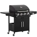 Produktbild: Outsunny Gasgrill BBQ mit 3 Brennern je 3 kw mobiler Grillwagen mit 4 Rädern Grillnetz Seitentischen Druckminderer Schläuche Schrank Multifunktion Metall Schwarz 132,4cm x 55cm x 109cm