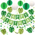 Produktbild: Grüne Dekorationen, Grünes Happy Birthday Banner mit Wabenbällen, Palmblätter...