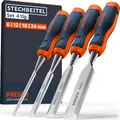 Produktbild: Presch Stechbeitel Set für Holz 4tlg. - Fertig geschliffene Stechmmeisen (6, 12, 18, 24mm) - Profi Stecheisen mit 25° Keilwinkel inkl. robuster Metallschlagkappe