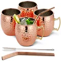 Produktbild: Oak & Steel - 4 Set Premium Moscow Mule Becher Geschenkset - 4 Kupferbecher (550ml), 4 Metallstrohhalme & 1 Reinigungsbürste - Cocktail & Kalte Getränke - Unzerbrechlich