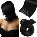 Produktbild: Moresoo Schwarz Exensions Echthaar Clip in Remy Doppelt Tressen Clip Extensions Echthaar Glatt Dick Haare 5 Tressen Voller Kopf Haarverlängerung Echthaar Clip 70g 30 cm