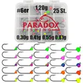 Produktbild: Paradox Fishing Tungsten Jighaken Set I 25 Stück 0,3g-1,2g je 5 Stück #6 I Forellen Haken Gummiköder Haken Spoons Forelle Forellenköder