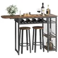 Produktbild: Industrie-Stil Stehtisch Küchentisch & Bartisch mit 2 Barhockern | Esstisch mit Weinglashalter & Ablage | Höhenverstellbarer Stehtisch für Bar, ... - Braun