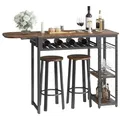 Produktbild: Bestier ausziehbarer Küchentisch mit 2 Hockern – Industrielles Bartisch-Set mit Weinglashalter und Ablagefach – 140 × 40 × 91 cm – Geeignet für Küche, Bar, Bistro & Wohnzimmer