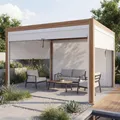 Produktbild: Pergola MCW-L46 mit Seitenwand, Lamellen-Pavillon Rollo, 10cm-Alu-Gestell, sturmfest 3x3m Gestell Holzoptik, weiß