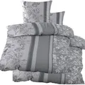 Produktbild: 4-tlg. Biber Winter Bettwäsche 2x (135 x 200 + 80x80 cm), 100% Baumwolle, grau, Streifen mit Blüten - Grau/Bunt