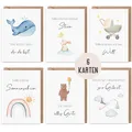 Produktbild: 6 Glückwunschkarten Baby zur Geburt | Set mit 6 Klappkarten inkl. Naturkuvert für Mädchen & Jungen zur Geburt | süße Aquarell Grußkarte DIN A6 Hello Baby | Willkommenskarte Geschenk Neugeborenes