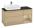 Produktbild: Villeroy & Boch Finion Waschbeckenunterschrank für Becken links Regal rechts für Finion / Memento 2.0 3 Auszüge mit Beleuchtung (1x LED) 1200 x 603 x 501 mm - Oak Veneer / Oak Veneer / Glass Black Matt - F152PCPC