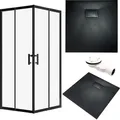 Produktbild: SET Duschkabine + Duschwanne 80x80 193 cm - Quadratisch Transparent Gehärtet Nano Glas 6 mm Schwarz Steinoptik SMC inkl. Siphon | BADLAND HELA VIDAR - Transparent/Schwarz