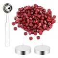 Produktbild: 200 Stück Siegelwachs-Perlen rot Set mit 2 weißen Kerzen und 1 achteckigem Lö...