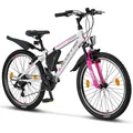 Produktbild: Licorne Bike Guide Premium Mountainbike in 20, 24 und 26 Zoll - Fahrrad für Mädchen, Jungen, Herren und Damen - Shimano 21 Gang-Schaltung, Kinderfahrrad, Kinder Farbe:Weiß/Rosa;Zoll:24