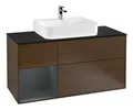 Produktbild: Villeroy & Boch Finion Waschbeckenunterschrank für Becken mittig Regal links für Finion / Memento 2.0 3 Auszüge mit Beleuchtung (1x LED) 1200 x 603 x 501 mm - Walnut Veneer / Midnight Blue Matt Lacquer / Glass Black Matt - F162HGGN