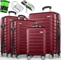 Produktbild: tillvex® Reisekoffer Set 4-TLG. + Gepäckwaage, 8X Koffergurte & 4X Kofferanhänger | Kofferset 4 Rollen | Trolley Gepäck Koffer TSA Schloss | Rollkoffer Hartschalenkofferset S-M-L-XL (Rot)