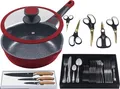 Produktbild: 41tlg. Messerset »Küchenstart« ROT 3tlg Messerset + 5tlg. Scherenset Schwarz + 31tlg. Besteck + Moonscape-Bratpfanne tief (Ø24cm) mit Glasdeckel