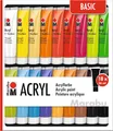 Produktbild: Marabu 1210000000201 - Acrylfarben Set Basic, mit 18 x 36 ml Farbe, auf Wasserbasis, für viele Untergründe geeignet, schnell trocknend, wasserfest und lichtecht