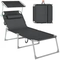 Produktbild: SONGMICS Große Sonnenliege, klappbarer Liegestuhl, 71 x 200 x 38 cm, Belastbarkeit 150 kg, mit Sonnenschutz, Kopfstütze und Verstellbarer Rückenlehne, für Garten Pool Terrasse, anthrazit GCB22GYV2