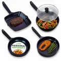 Produktbild: NutriChef Pfannenset 5-teilig – Grillpfanne, Wokpfanne, Bratpfanne 28 cm, Fischpfanne oval, Glasdeckel Antihaft, induktionsgeeignet, langlebiges Design, BPA-frei, ideal für gesundes Kochen