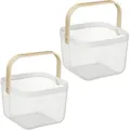 Produktbild: Drahtkorb mit Henkel, 2er Set, Metall, Bambus, HxBxT: 17,5 x 26 x 24,5 cm, eckiger Aufbewahrungskorb, weiß - Relaxdays