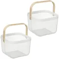 Produktbild: Relaxdays Drahtkorb mit Henkel, 2er Set, Metall, Bambus, HxBxT: 17,5 x 26 x 24,5 cm, eckiger Aufbewahrungskorb, weiß