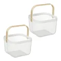 Produktbild: Relaxdays Drahtkorb mit Henkel, 2er Set, Metall, Bambus, HxBxT: 17,5 x 26 x 24,5 cm, eckiger Aufbewahrungskorb, weiß