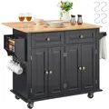 Produktbild: VEVOR Kücheninselwagen, 110 cm mobiler Wagen mit Holzplatte und Lagerschrank, Rolltisch mit Klappplatte, Gewürzregal, Handtuchhalter, verstellbarem Regal, Schublade und Haken, tragbare Inseln Rollbar
