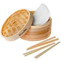 Produktbild: Bambusdämpfer (Bamboo Steamer) 25cm - Bambus Dampfkörbe mit Deckel und 2 Etagen, 2 Paar Essstäbchen, Zange, 50 Papier-Einsätze - Dampfgarer für Knödeln, Gemüse, Reis, Fleisch - BlauKe®