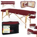 Produktbild: Zen – Mobile Round Corner Massageliege klappbar & höhenverstellbar – Vollholz Massagetisch mit abgerundeten Ecken für aktive Massagestile – Massagebank mit Kopfteil, Armlehnen & Tasche (Burgund)