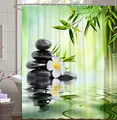 Produktbild: M&W DAS DESIGN Duschvorhang Bambus auf Wasser leichten Nebel reflektiert Textil Vorhang grün exotisch Stein Relax Schimmelresistent Bambusblatt Spa Ruhe inkl. 12 C-Ringe Gewicht unten