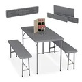 Produktbild: Relaxdays Bierzeltgarnitur klappbar, 3-TLG. Bierbank Set mit großem Tisch, Garten, Festzeltgarnitur, Rattanoptik, grau